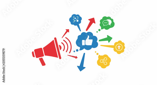 Red megaphone broadcasting colorful icons representing engagement and growth