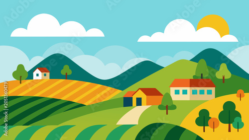 Fotografie Sustainable Farming Hills Vector Landscape