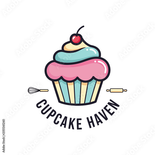 Colorful cupcake illustration with baking tools and bakery name in playful typography
