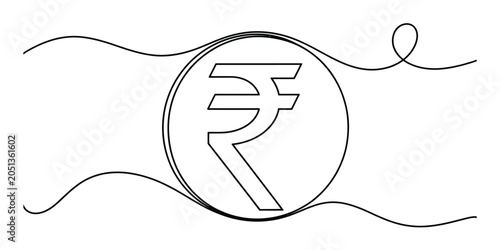 Continuous single line drawing of an indian rupee currency coin symbol Vector, illustration