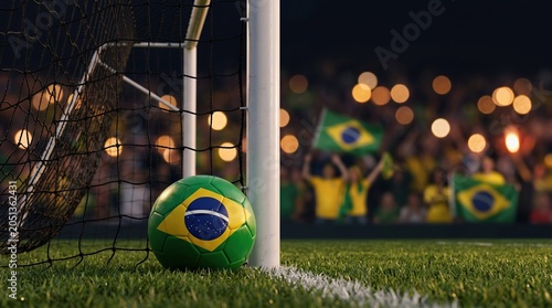 Soccer ball with brazil flag pattern on a green grass field next to the goal post during a match, sports stadium background.