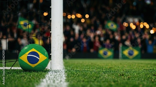 Soccer ball with brazil flag pattern on the goal line of a stadium, international tournament match.