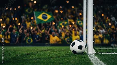 Soccer ball on grass near goal post net with blurred crowd holding Brazil flags in stadium at night, sports competition, football match, stadium atmosphere.