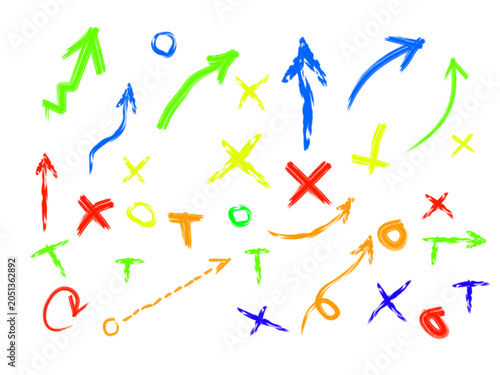 Hand drawn colored pencil scribbles, rough sketch stars, and underlines. Grunge chalk graphics elements, colorful charcoal arrows, circles and squiggles, abstract crayon textured doodles vector set