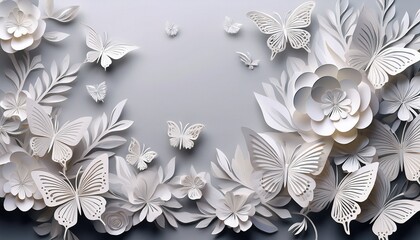Delicate White Paper Cutout Flowers And Butterflies Border On A Clean Background Image