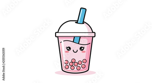 Cute cartoon pink bubble tea cup with straw and happy face illustration
