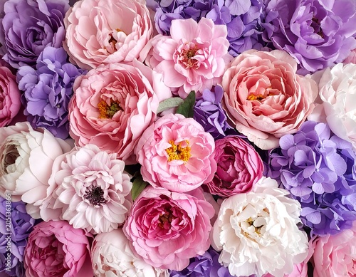 A colorful arrangement of pink, white, and purple flowers