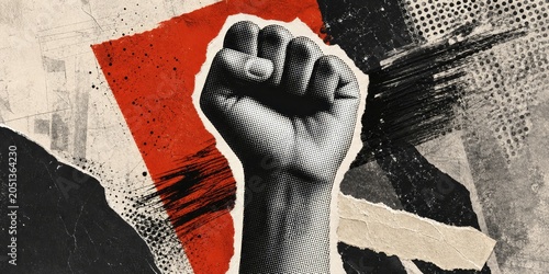 Raised fist in a powerful gesture of protest or solidarity against a background of abstract art
