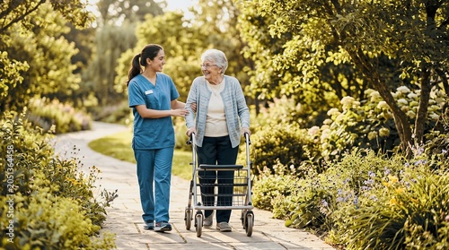 Nurse assisting elderly woman with walker along sunlit garden path