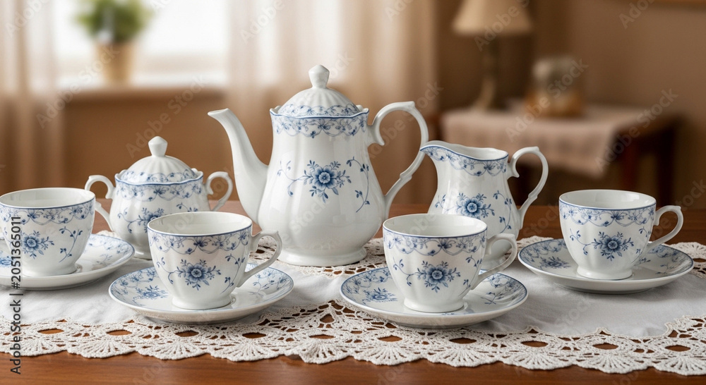 Fototapeta premium Elegant White Floral Teapot and Tea Set Arrangement on Lace Tablecloth in Soft Light