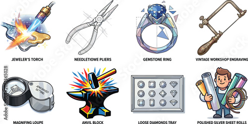 Photos Professional goldsmith and jewelry making tools collection featuring jeweler torch, needle nose pliers, anvil, magnifying loupe, diamond tray, and craft workshop elements illustration