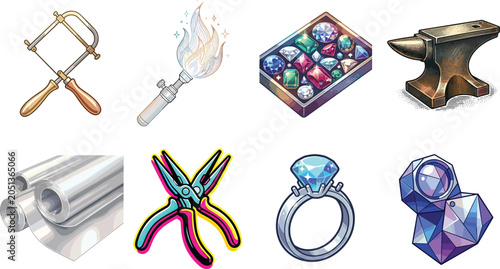 Bild auf Leinwand Professional jewelry making tools and goldsmith workshop elements collection featuring pliers, anvil, blowtorch, gemstones, diamond ring, and silver sheets illustration