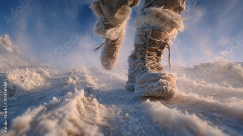 Close-Up of Frozen Winter Boot Walking on Snowy Ground in Cold Outdoor Environment