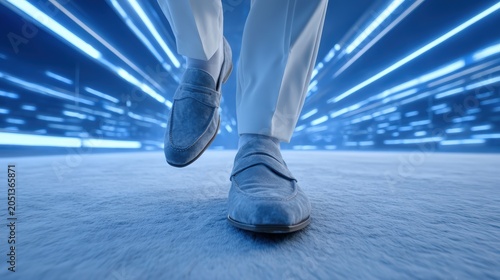 Close-up of person walking forward wearing blue shoes and light pants in futuristic tunnel