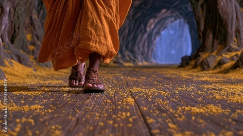 Close-up of traditional barefoot person walking through mystical tunnel covered with yellow petals