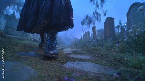 Close-up of black boots walking on stone path in eerie graveyard at dusk