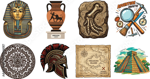 Foto Archaeology and ancient history illustration collection featuring pharaoh mask, Greek amphora, dinosaur fossil, adventure tools, Aztec calendar, spartan helmet, and Mayan pyramid