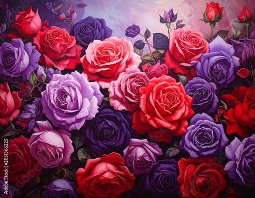 A colorful arrangement of roses in shades of red, purple, and pink, set against a soft, gradient background