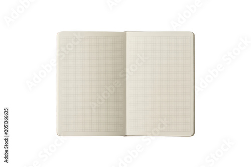 An open notebook with grid paper pages, lying flat on a black background, showing a clean layout for writing, sketching, or planning