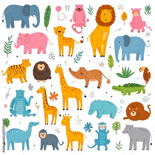 A colorful illustration of various animals and plants