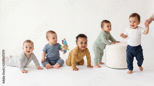 A Row of Adorable Babies: Five cute babies in various stages of development, from crawling to standing, posed together in a studio setting. One baby holds a toy.