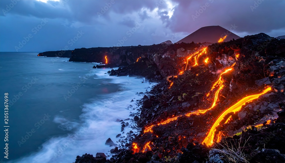 Fototapeta premium Lava Flowing into Ocean. (1)