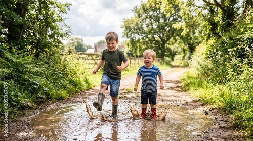 Joyful Splash: Two young boys revel in the simple pleasure of splashing through a muddy puddle on a sun-dappled rural path, their faces lit with pure, unadulterated glee.