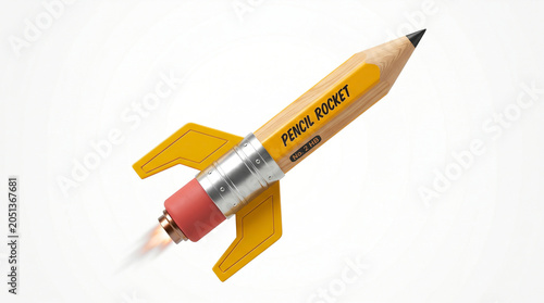 Pencil Rocket Launching with Flames and Smoke on White Background