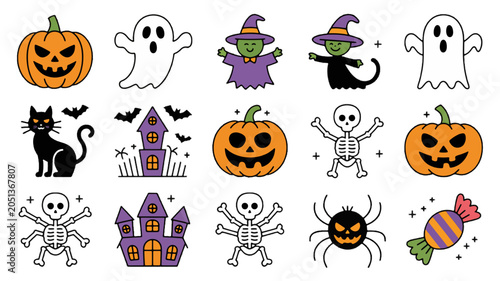 Halloween Icons Collection: A whimsical compilation of classic Halloween motifs including grinning pumpkins, playful ghosts, spooky haunted houses, black cats, dancing skeletons, and a creepy spider.