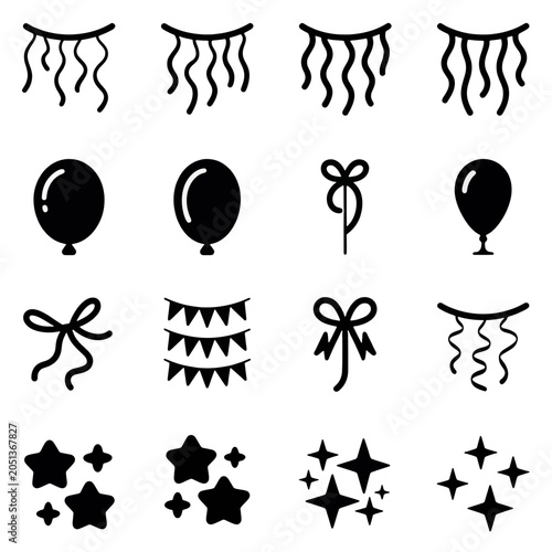 Party Icons: A collection of graphic icons representing party decorations and symbols, including garlands, balloons, bows, and stars, all in a clean, minimalist style.