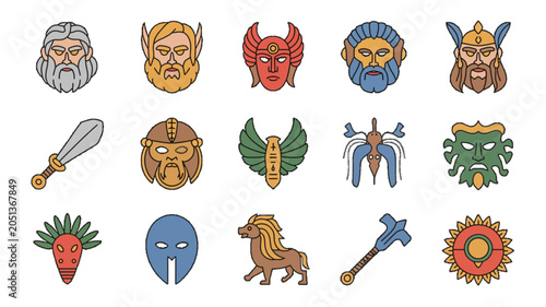 Ancient Gods and Artifacts: A collection of stylized icons representing deities and mythical objects, evoking a sense of ancient power and folklore.