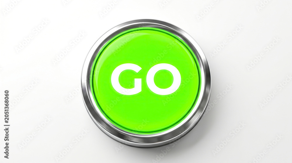 Obraz premium Close-up of a bright green GO button with a metallic rim on a white background