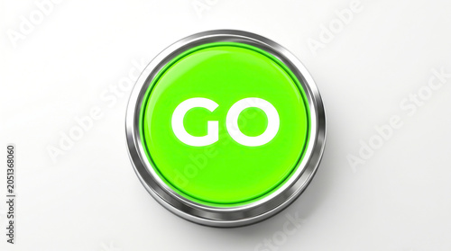 Close-up of a bright green GO button with a metallic rim on a white background