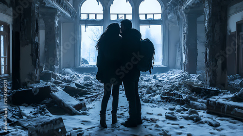Couple Exploring a Ruined Winter Palace