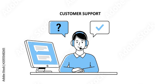 Illustration of a customer support representative working at a desk with computer and headset