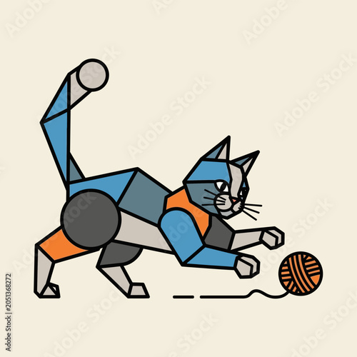 Geometric abstract cat playing with yarn ball in colorful cubist style illustration