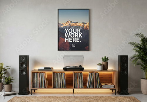Vertical Poster Frame Mockup hanging in room with turntable and speakers
