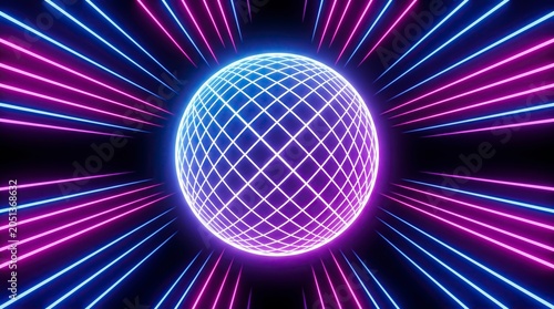 Abstract Neon Sphere with Glowing Lines in Futuristic Tunnel