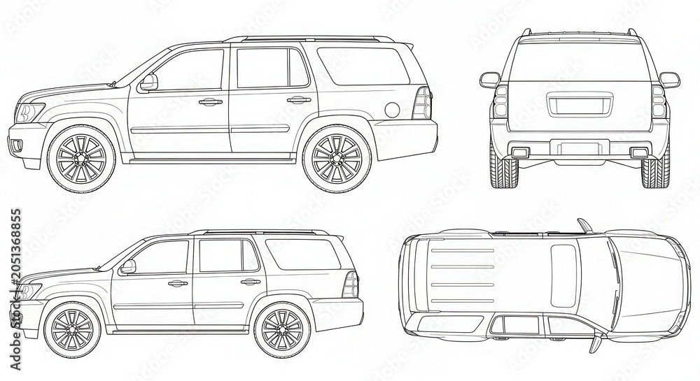 Fototapeta premium SUV Car Technical Blueprint Outline Vector Illustration with Side, Rear, and Top Views for Design and Engineering