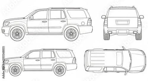 SUV Car Technical Blueprint Outline Vector Illustration with Side, Rear, and Top Views for Design and Engineering