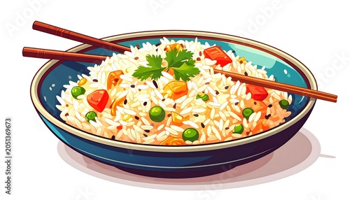 A colorful illustration of a bowl of rice with vegetables and chopsticks