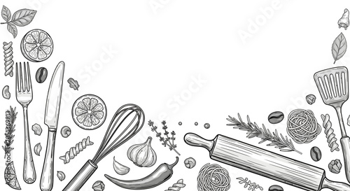 Hand drawn kitchen utensils and cooking ingredients illustration