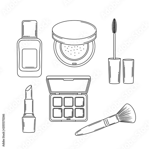 Hand drawn outline sketch of cosmetic makeup products collection