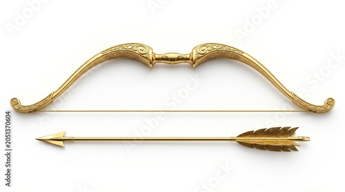 Ornate Golden Bow and Arrow Set on White Background