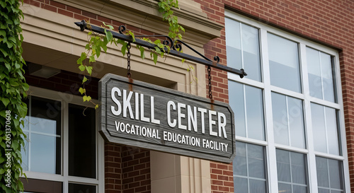 Vintage wooden hanging sign for a skill center vocational education facility on a brick building