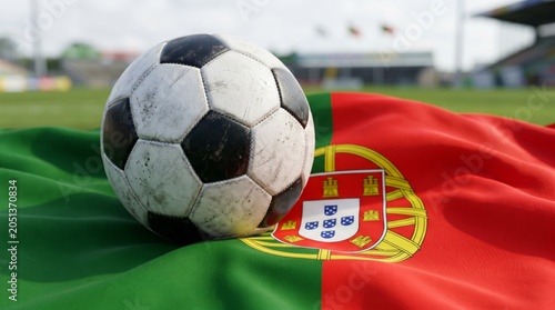 Soccer match ball on portuguese flag sports event outdoor field close-up view national pride