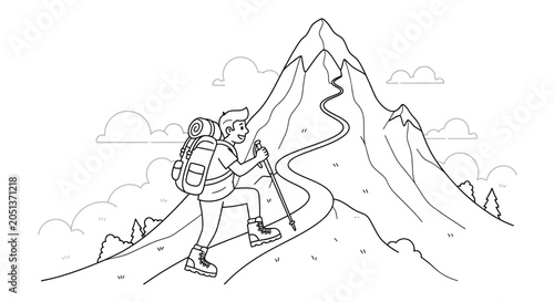 Hiker ascending mountain trail in minimalist line art illustration