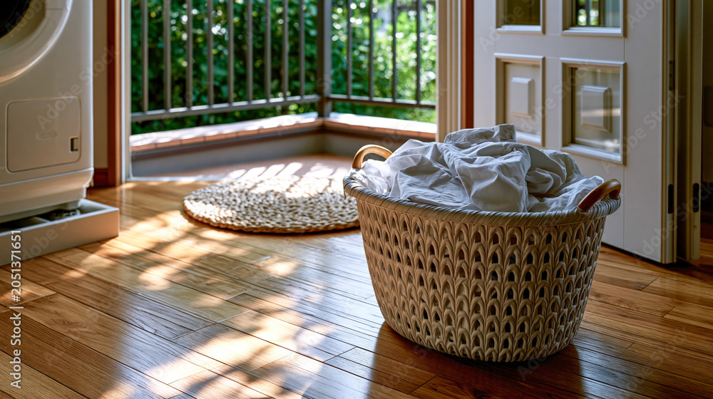 Obraz premium Sunlit laundry basket on wooden floor near open door