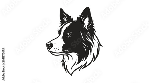 Border Collie Head Silhouette, Profile View, Black and White Dog Portrait