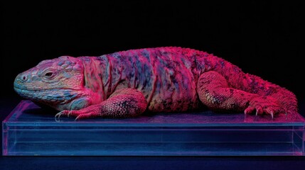 A vibrant reptile illuminated by futuristic AI veterinary scanner, projecting detailed holographic diagnostics in a dark studio.